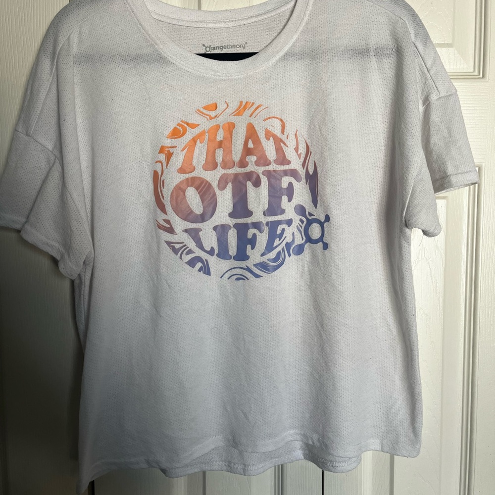 Orangetheory White Tee with Orange and Purple Graphic